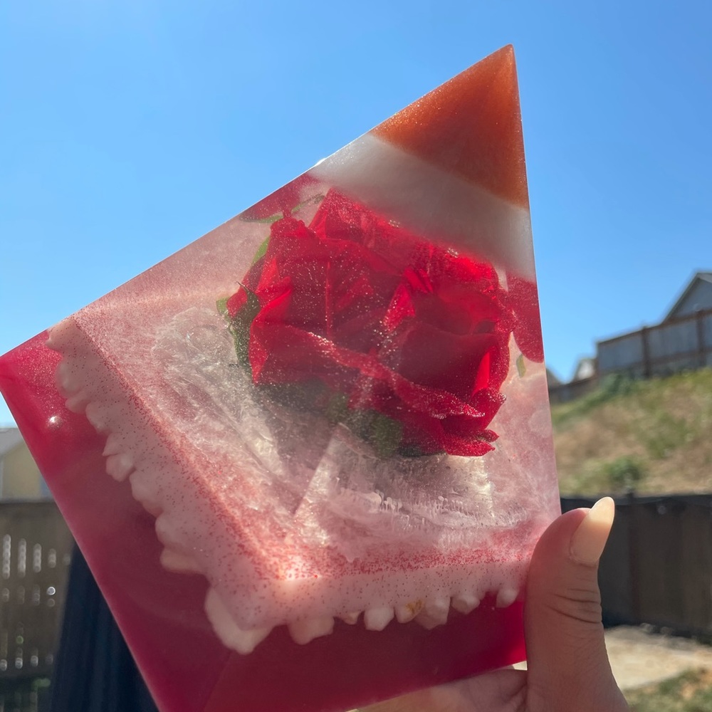 Red Epoxy Resin Pyramid Handmade Abstract Rose Art